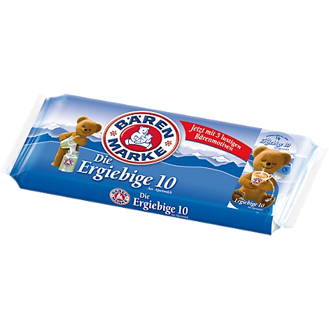 Bärenmarke milk packaging. Print with bears, lettering 'Die Ergiebige 10' and logo.