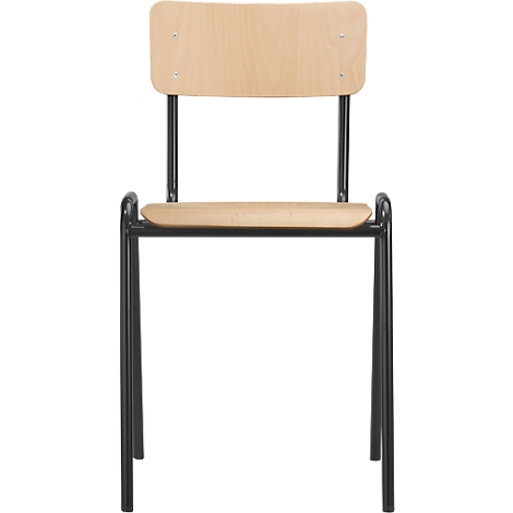 Chair with wooden back and seat, black metal frame. Front view.