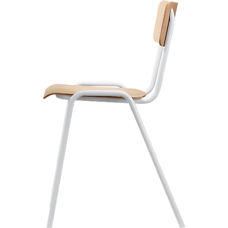 Side view of a chair made of wood and metal, light wood and white frame.