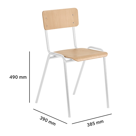 A school chair with light wooden back and seat, white frame. With dimensions in mm.