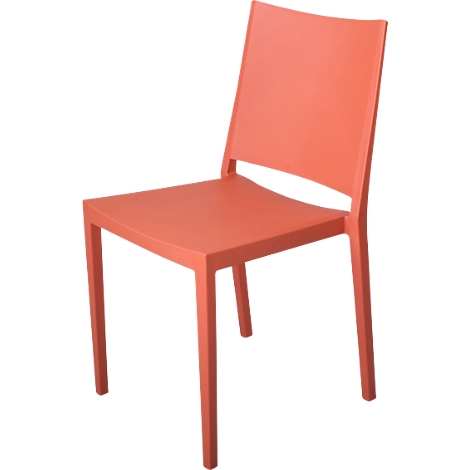 A single, coral-colored chair standing against a white background.