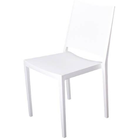 White plastic chair, minimalist design. Square seat, straight back.