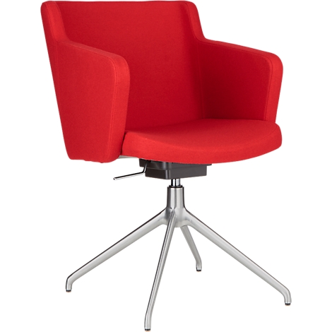 Red swivel chair with armrests and silver feet. Modern design.