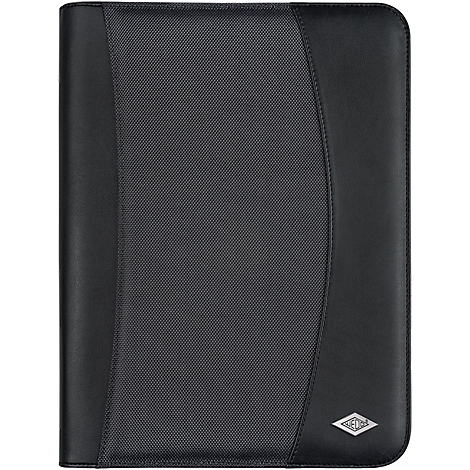 Black zippered file folder, rounded edges, with a logo in the lower right corner.