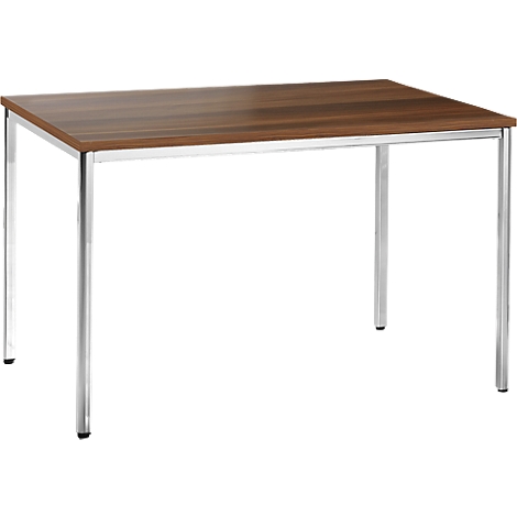 A rectangular brown wooden table with silver metal legs. The table stands against a white background.