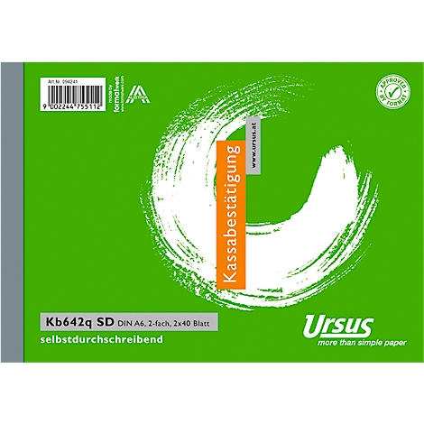 Carnet de reçus de caisse Ursus vert. Imprimé sont les informations sur le produit, le logo Ursus et un élément blanc et incurvé en arrière-plan.