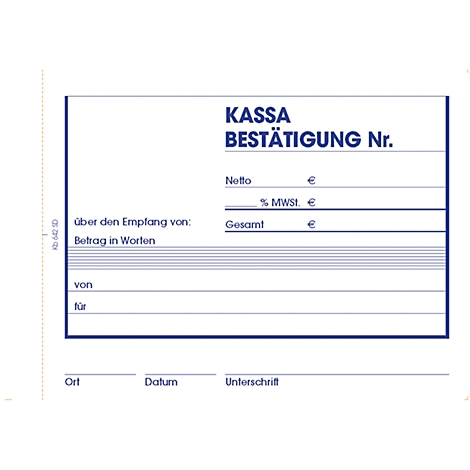 Formulaire de reçu avec des titres tels que "Kassa", "Bestätigung", des montants et des signatures.
