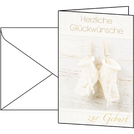 Greeting card with baby socks, inscription "Herzliche Glückwünsche zur Geburt".