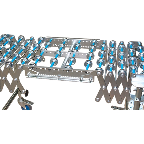Extendable roller conveyor made of metal. Blue rollers on silver frames, on wheels.