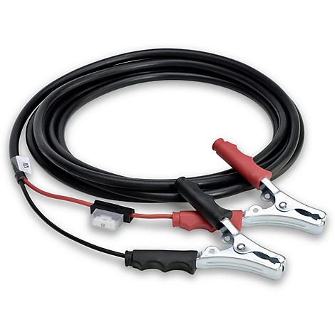 Black jumper cable with red and black clamps. A fuse box is visible.