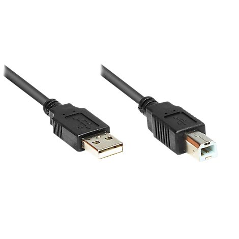Black USB cable with two connectors, a USB-A and a USB-B.
