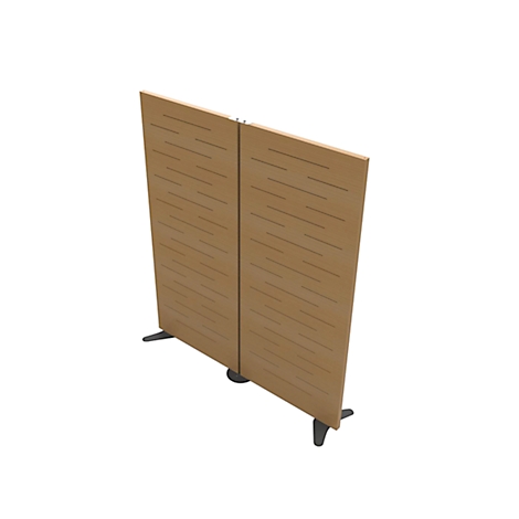 Two wooden panels with diagonal slits, connected by hinges, stand on feet.