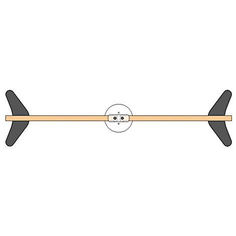 Top view of a toy propeller. It has a wooden stick with two gray wings and a white center.