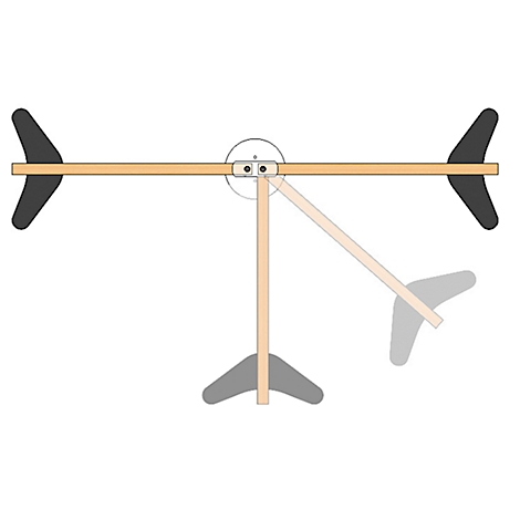 Schematic representation of a wooden wind turbine with black wings, which appears to be turning in the wind.