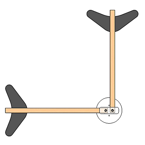 Top view of a toy scooter with wooden frame and grey handles.