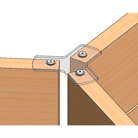 Close-up of a furniture connector. The transparent bracket connects three wooden panels with screws.