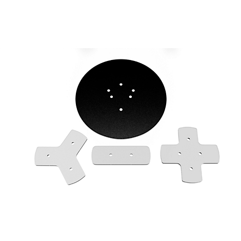 Black round disc, white triangular, rectangular, and cross-shaped elements with holes.