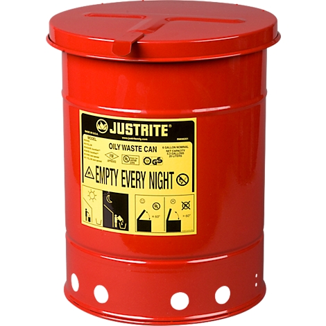 Red cylindrical oily waste can with a yellow label and white text. The lid is removable. There are small, round openings at the bottom.