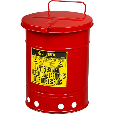 Red oily waste can with yellow warning label. Reads: EMPTY EVERY NIGHT. Features lid and handle.