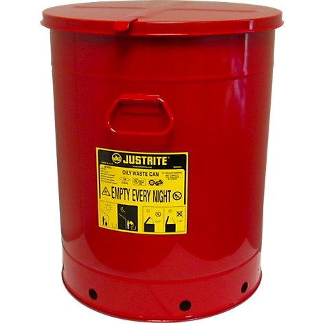 Red oily waste can with lid and handle. Yellow label with "JUSTIRITE" and "EMPTY EVERY NIGHT".