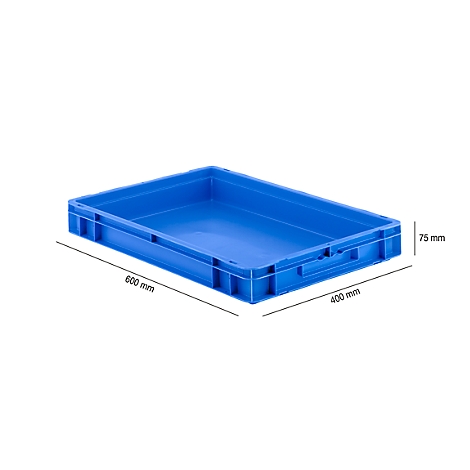 Blue plastic crate with dimensions 600 x 400 x 75 mm.