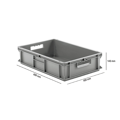 Gray plastic box with handles. Dimensions: 600 mm x 400 mm x 140 mm.