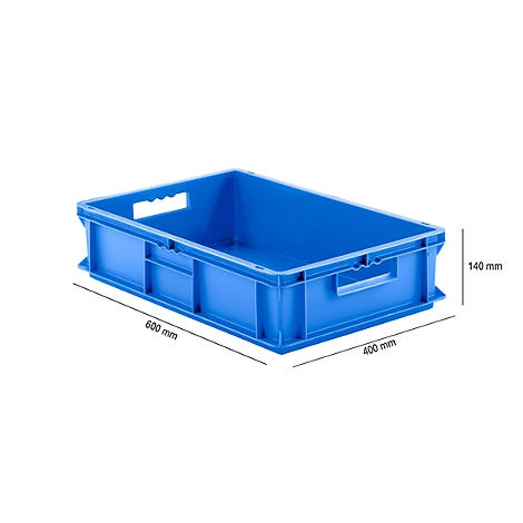 Blue plastic box with handles and dimensions: 600 mm x 400 mm x 140 mm.