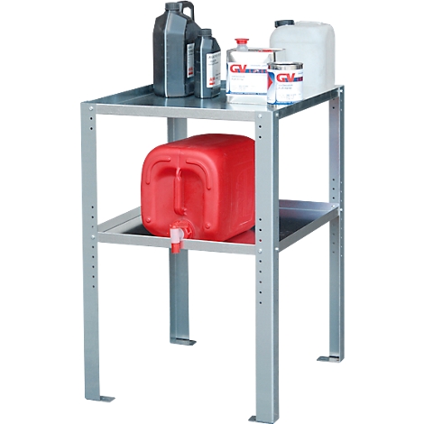 A gray metal stand with two levels, filled with canisters and containers. A red canister is on the lower level.