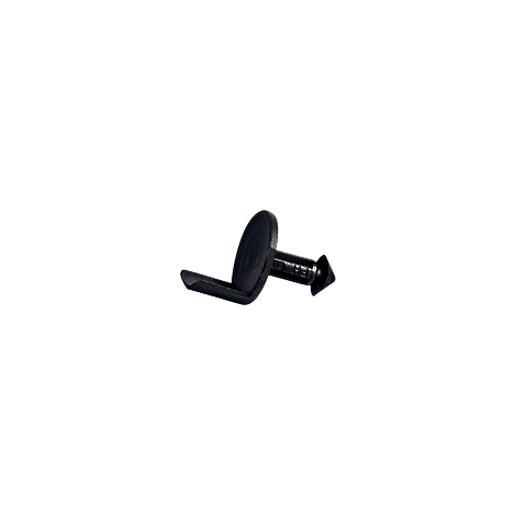 Black plastic rivet with a round head and a tapered pin.