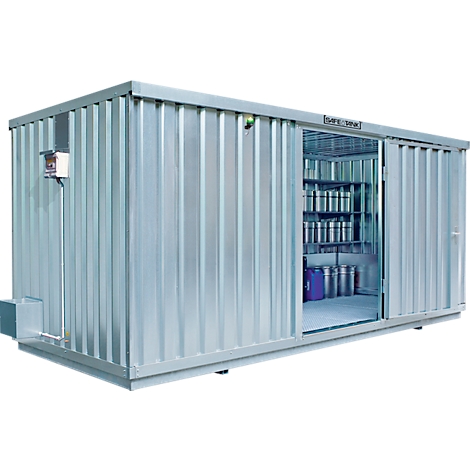 Zilverkleurige container met schuifdeur, daarbinnen planken met bakken. Kleine kast en licht erboven.