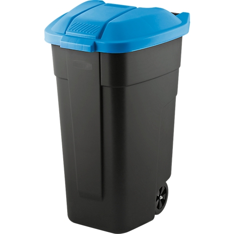 Black trash can with blue lid, handle and two wheels.