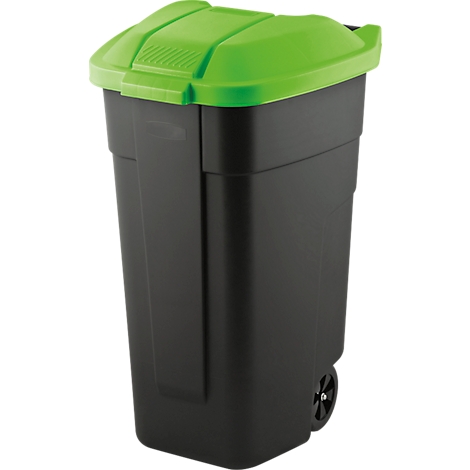 Black trash can with green lid. The bin has wheels and is rectangular.