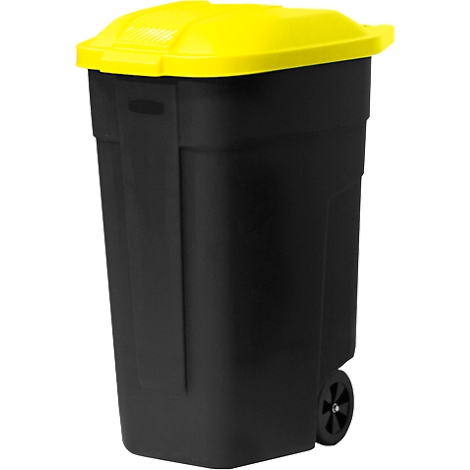 Black trash can with yellow lid. With wheels at the back. The bin stands in front of a white background.