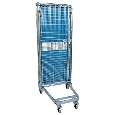 Carro de transporte con estructura de rejilla y rodillos, fondo azul.