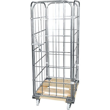 Jaula rodante de metal con plataforma de madera y rodillos, vacía.