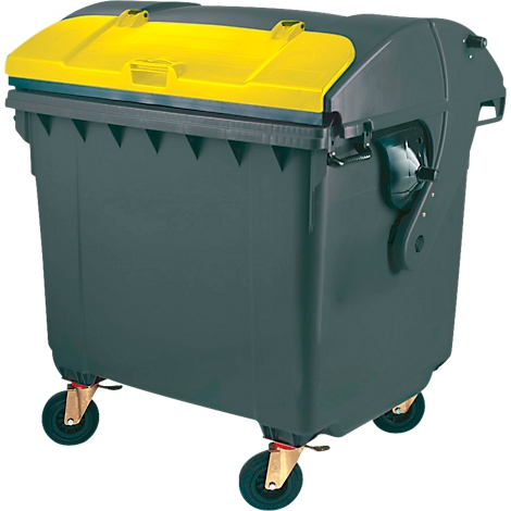 Contenedor de basura gris con tapa amarilla sobre ruedas.