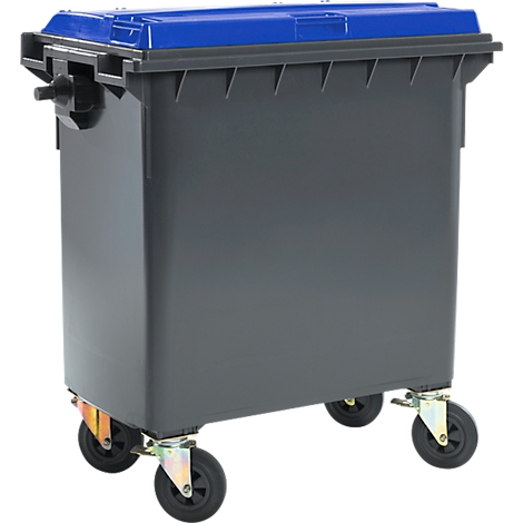 Contenedor de basura gris con tapa azul, sobre ruedas.