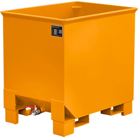 Contenedor metálico cuadrado naranja con un grifo.