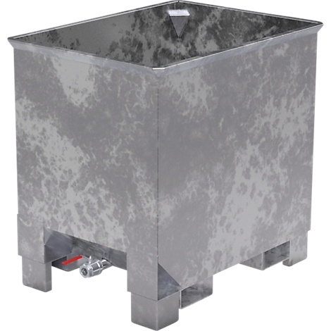 Un gran contenedor de metal rectangular con un grifo y patas.