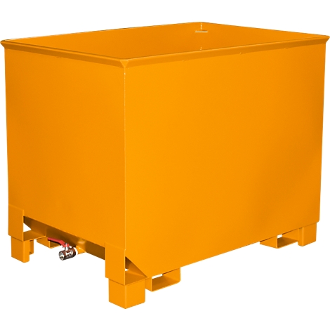 Un tanque rectangular naranja sobre un fondo blanco. Tiene cuatro patas y un grifo.