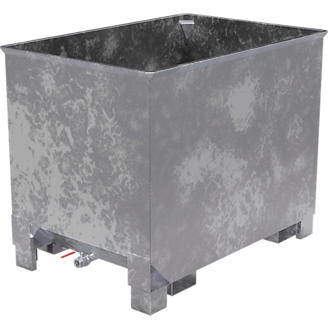 Una cuba rectangular de metal gris con los lados abiertos, de pie sobre cuatro pies cuadrados. Hay una conexión en la parte inferior.