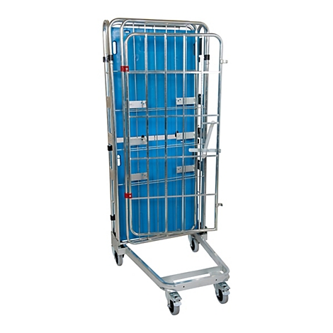 Un contenedor rodante de metal con rejillas laterales plegables y una pared trasera de plástico azul sobre ruedas.