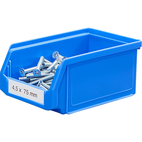 Caja azul con tornillos, etiquetada "4,5 x 75 mm".