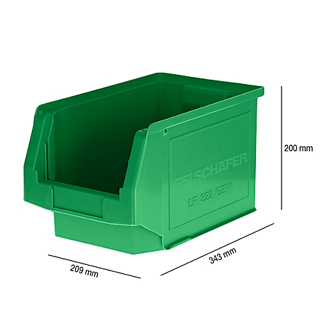 Caja de almacenamiento verde con dimensiones. Inscripción: SCHÄFER, LF 332 620.