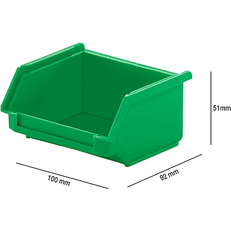 Caja de plástico verde con dimensiones: 100 mm, 92 mm, 51 mm.