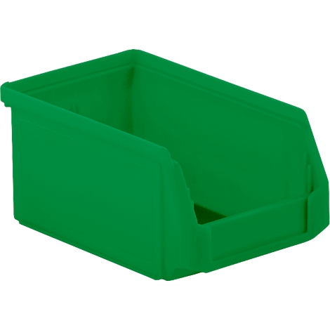 Caja de plástico verde abierta con borde inclinado.