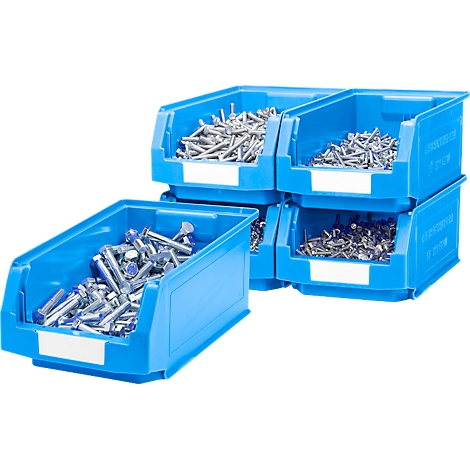 Cajas azules con tornillos y tuercas.