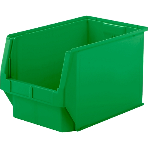 Una caja de almacenamiento de plástico verde con frente abierto sobre un fondo blanco.