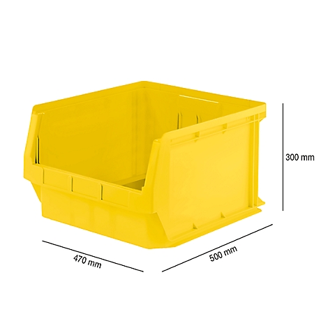 Caja de almacenamiento amarilla, abierta, con dimensiones: 500 mm x 470 mm x 300 mm.