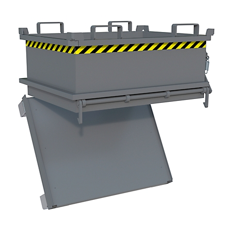 Boîte rectangulaire grise avec porte inclinée. Bandes d'avertissement jaunes et noires sur le bord supérieur.